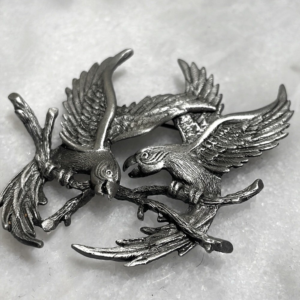 Vintage JJ Parrot Couple pin silver tone fighting birds on tree branch